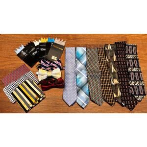 Tie and Pocket Handkerchief Lot: Prefolded, Bow Long, Blue Red Geometric Plaid